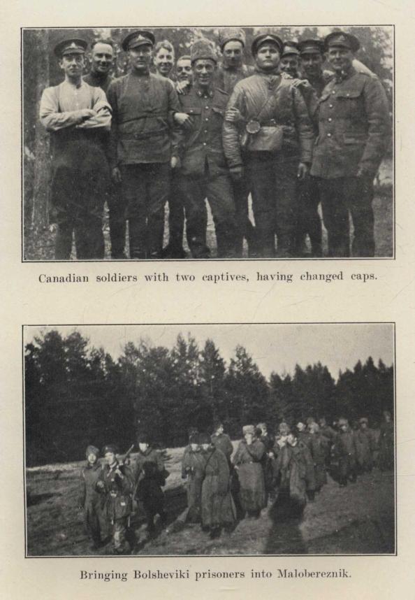 Canadian soldiers with two captives, having changed caps.  Bringing Bolsheviki prisoners into Malobereznik.