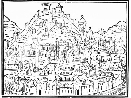 FROM AN ENGRAVING OF THE YEAR 1535 IN THE BIBLIOTECA COMUNALE OF VERONA SHOWING THE OLD WALLS ROUND THE TOWN