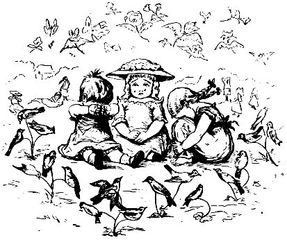 three children sitting on ground crying with birds around them