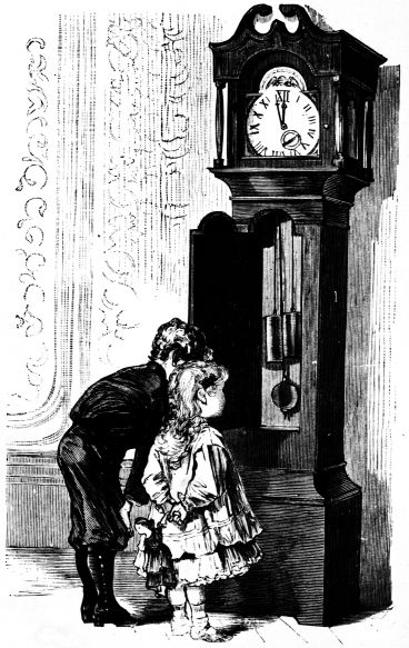 children looking at grandfather clock