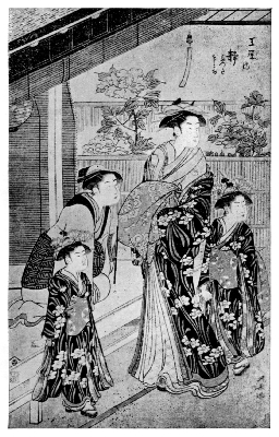 KIYONAGA: THE COURTESAN SHIZUKA WITH ATTENDANTS IN THE PEONY GARDEN AT ASAKUSA.