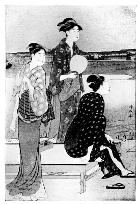 KIYONAGA: TWO WOMEN AND A TEA-HOUSE WAITRESS BESIDE THE SUMIDA RIVER.