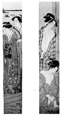 SHUNCHO: TWO LADIES IN A BOAT ON THE SUMIDA RIVER. YEISHO: TWO COURTESANS AFTER THE BATH.