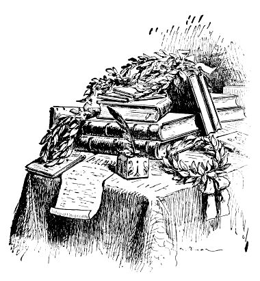 Desk with books, paper, quill, laurel wreaths