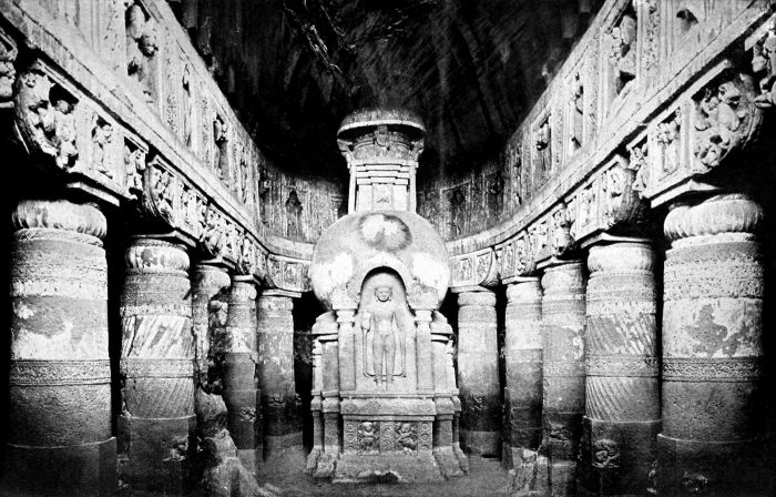 INTERIOR OF A ROCK-HEWN BUDDHIST TEMPLE (AJANTA)