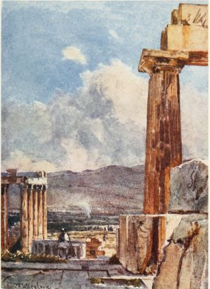 THE EASTERN PORTICO OF THE ERECHTHEUM, VIEWED FROM THE NORTHERN PERISTYLE OF THE PARTHENON  The column to the right, with its strong golden-brown local colour, warmed by the full morning summer sun, is the third column counting from the north-east corner of the Parthenon. The blocks of marble which conceal the lower part of the column form part of the pronaos wall. The east portico of the Erechtheum is seen below to the left; behind are the mountains of Daphni.