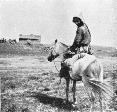 Mongolischer Reiter, das Automobil beobachtend.