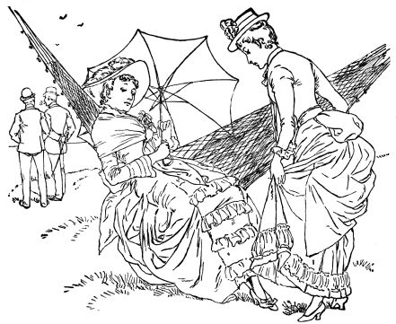 two women in long dresses , one with parsol sitting in hammock