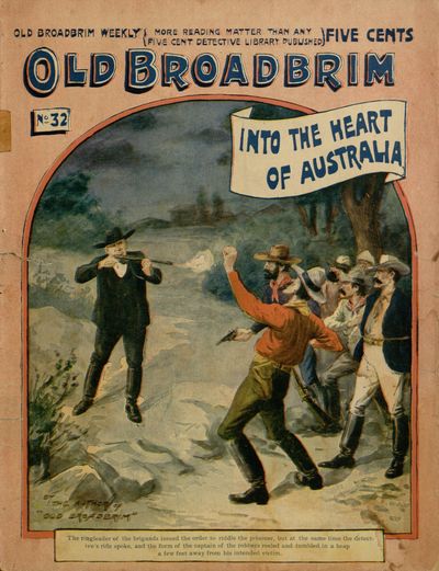 The ringleader of the brigands issued the order to riddle the prisoner, but at the same time the detective's rifle spoke, and the form of the captain of the robbers reeled and tumbled in a heap a few feet away from his intended victim.