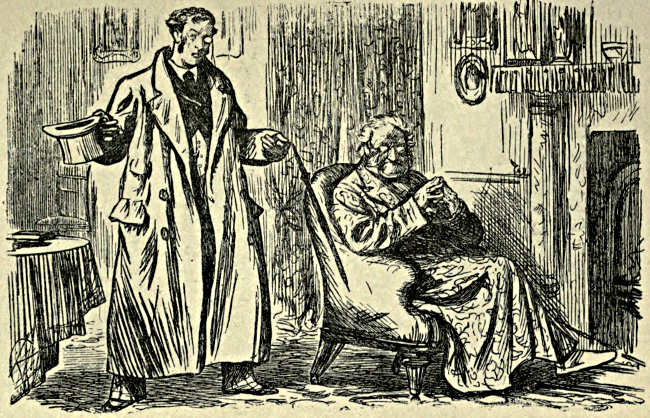 Pater, in armchair by fire, talking to his son