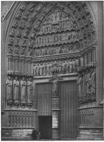 SOUTH DOORWAY.  (facing the Rue Robert de Luzarches).  ON DIVIDING PILLAR, “GILDED VIRGIN.”