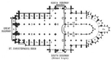 PLAN OF CATHEDRAL.  NORTH DOORWAY  GREAT DOORWAY  ST. CHRISTOPHER’S DOOR  SOUTH DOORWAY (Gilded Virgin)