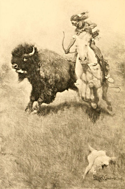 Native American shooting a bison with bow and arrow