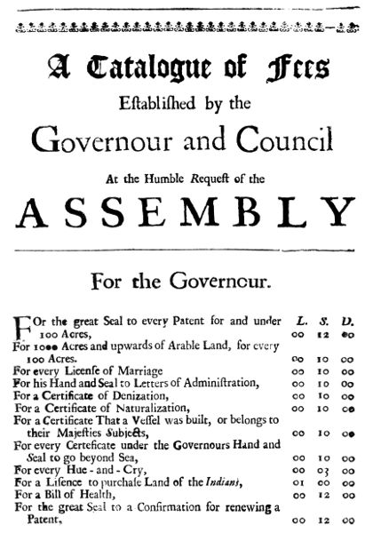 A Catalogue of Fees Established by the Governour and Council at the Humble Request of the Assembly (New-York, William Bradford, 1693)