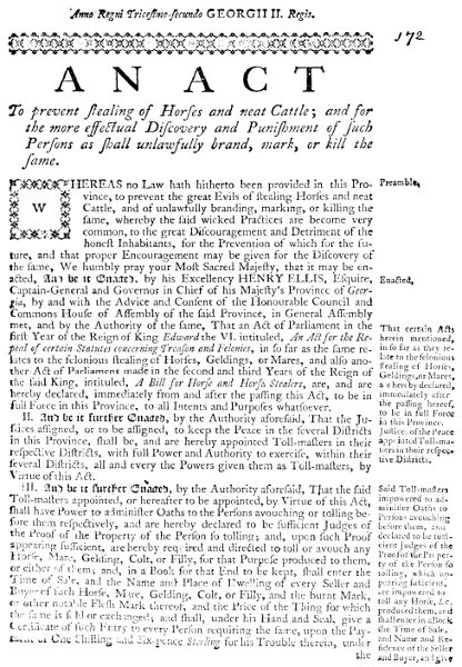 An Act to Prevent Stealing of Horses and Neat Cattle; and for the More Effectual Discovery and Punishment of Such Persons as Shall Unlawfully Brand, Mark, or Kill the Same. Printed by James Johnston.