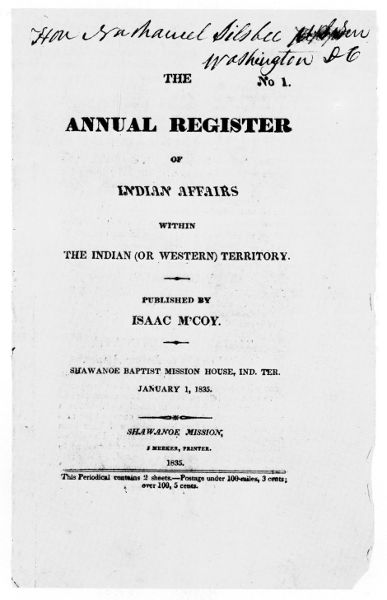 The Annual Register of Indian Affairs Within the Indian (or Western) Territory. Published by Isaac M'Coy. Shawanoe Baptist Mission House, Ind. Ter. January 1, 1835