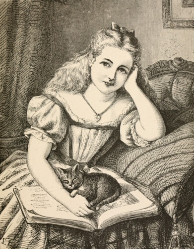 woman holding open book with kitten asleep on it