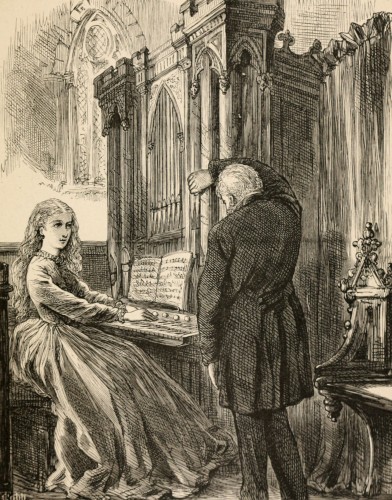 woman seated at organ, man leaning on it, back to viewer