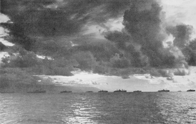 CONVOY OFF LEYTE at dawn on A Day.