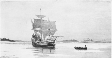 THE “MAYFLOWER” IN PLYMOUTH HARBOR.  Copyright by A. S. Burbank.  FROM THE PAINTING BY W. F. HALSALL, IN PILGRIM HALL.