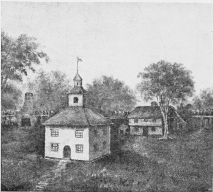 THIRD MEETING-HOUSE, 1695-1729.  (OLD INDIAN HOUSE ON THE RIGHT.)