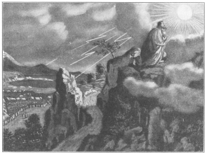 Moses praying on Mount Sinai.  From an old print