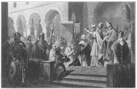 Charlemagne is crowned Emperor of the Western World at Rome.  From an old print