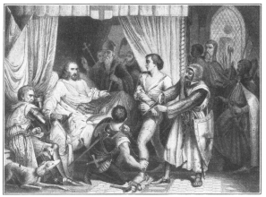 King Richard generously forgives Bertrand de Gurdun, who had attempted to assassinate him.  From the painting by John Cross