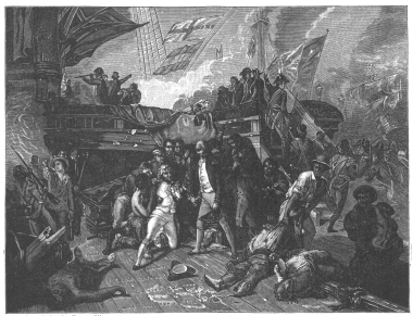 From the painting by Ernest Slingeneyer.  THE DEATH OF NELSON AT TRAFALGAR.
