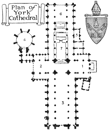 Plan of York Cathedral 1. South Transept. 2. North Transept. 3. Nave. 4. Chapter House. 5. Abp. Zouche’s Chapel. 6. Lady Chapel. 7. Choir.