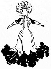clothespin doll in long flowing, ruffly skirt and large bonnet