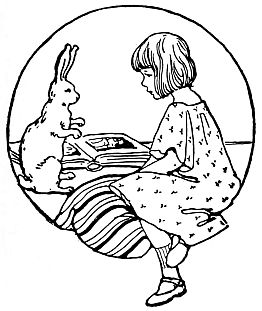 girl sitting on cushion with bunny looking at her