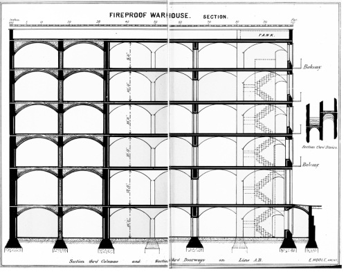 FIREPROOF WAREHOUSE. SECTION.  E. HOOLE, ARCHT.