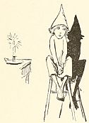 Child in pointed cap and nightshirt sitting on stool by candle