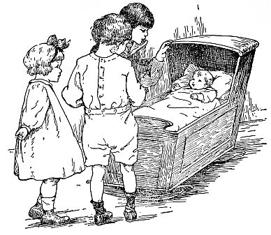children looking at baby in cradle