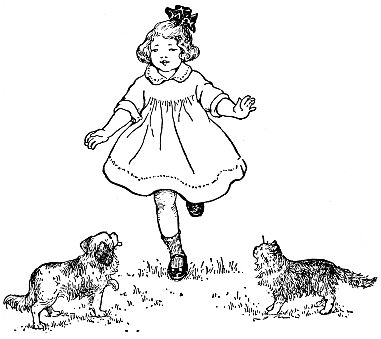 girl running while dog and cat watch