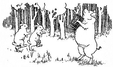 Pig playing an accordian so that rabbits can dance in a meadow