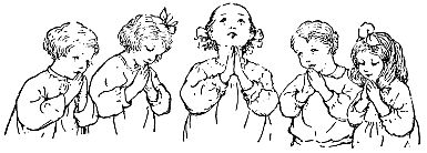 Five children praying, four with heads bowed, center one looking upward