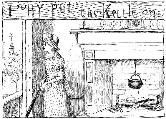 Wooden sign that says: Polly put the Kettle on above picture of girl with large fireplace behind her looking out of window