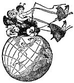 small fairy in chariot with pansy wheels pulled by two butterflies on the top of a globe