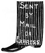 Side-view of lower part of trouser leg and shoe with words: Sent by Mail or Express