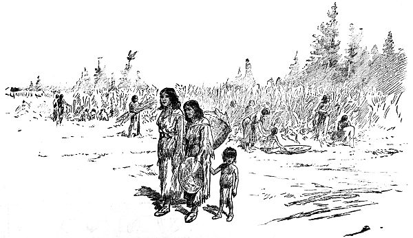 Native Americans with village behind