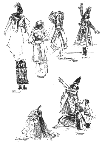 Image not available: Representative Russian Ballet Poses and Groups.  Two groups at top from Thamar, M. Bolm and Mme. Karsavina, Mlle. Nijinska; MM. Govriloff and Kotchetovski; M. Seilig and Mlle. Stachko, all in Thamar. Figure with peacock, Mme. Astafieva in Le Dieu Bleu.  (Courtesy of Comoedia Illustré.)