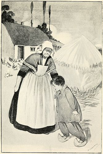woman pulling boy in work clothes