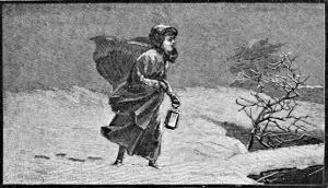 Lucy walking through the snow, cloaked, carrying a lantern