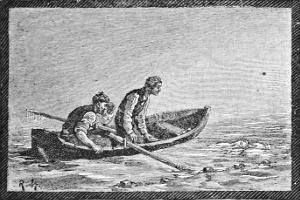 Two men in a rowing boat, searching