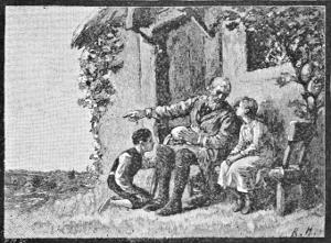 Old Kaspar and his grandchildren, on a bench outside the house