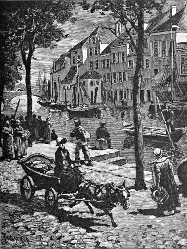 A canal-side scene: boats, horse and cart, people carrying baskets