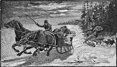 The master whips his horses on, as wolves pursue the sleigh