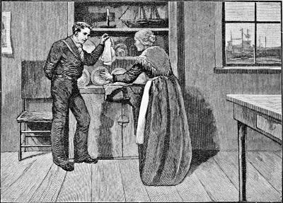 Sailor and mother by a dresser, examining the jacket
